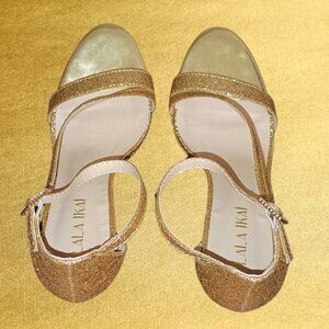 Gold Glitter Ankle Strap Platform Heels | Size 37 (US 6) | Never Worn Outside